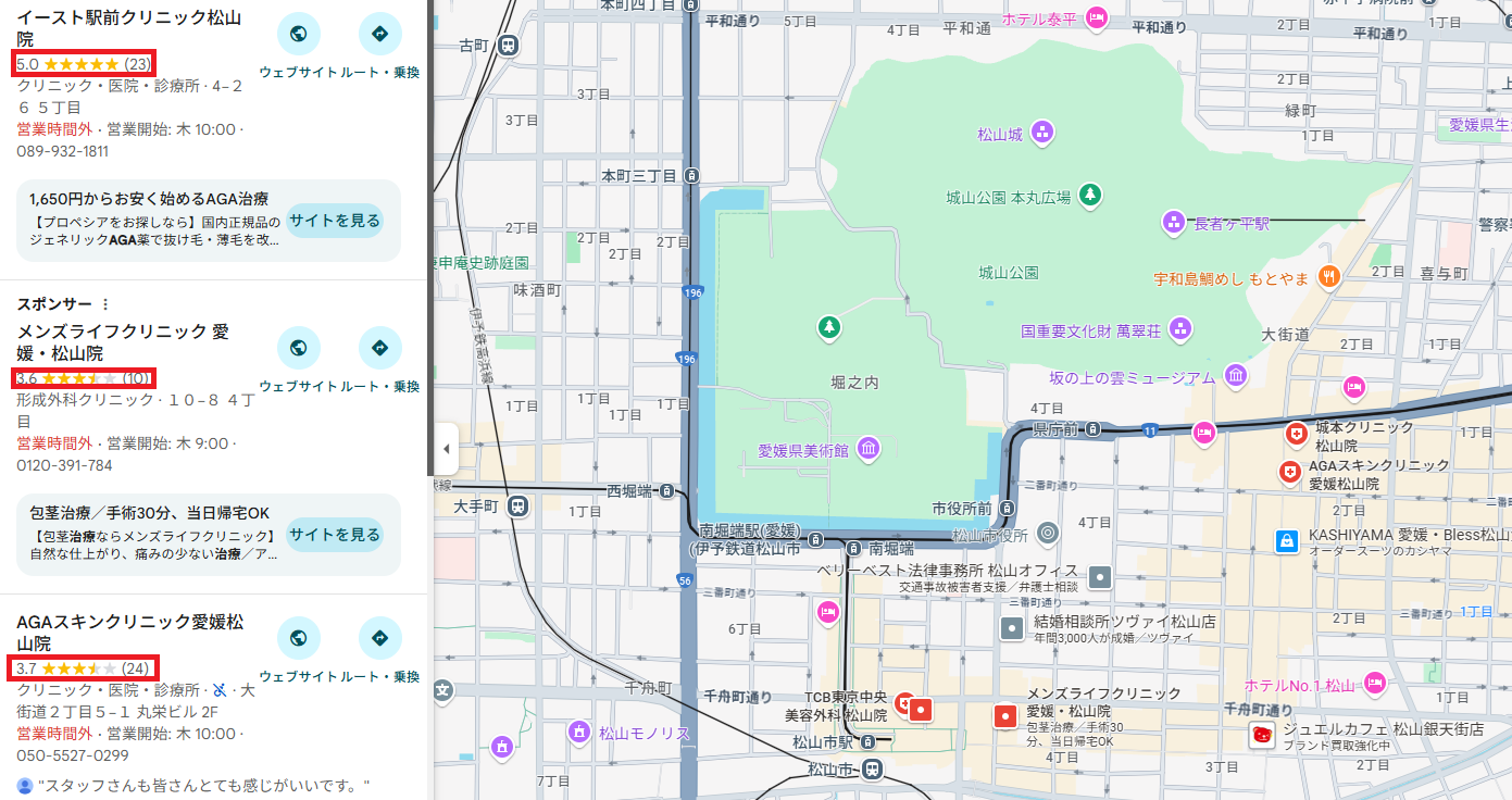 Googleマップの口コミ評価が高い